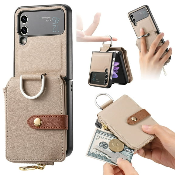 ELEHOLD Leather Wallet Case for Samsung Galaxy Z Flip 4, Premium Lychee Pattern Leather with Card Slots Zipper Pocket Metal Finger Ring Holder Luxury Purse Case for Samsung Z Flip 4,Khaki
