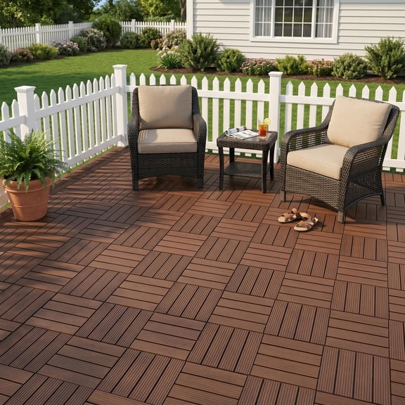 Interlocking Deck Tiles 44-Pack 12x12 Inch, Waterproof Patio Flooring and Snap Together Decking Tiles with Non-Slip Surface for Poolside Porch Garden, Brown