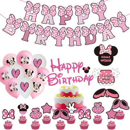 33 pieces pink Minnie cartoon birthday party supplies, including banners, balloons, cake toppers and door hangings, perfect decorations for girls' little princess birthday party