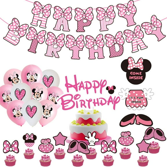 33 pieces pink Minnie cartoon birthday party supplies, including banners, balloons, cake toppers and door hangings, perfect decorations for girls' little princess birthday party