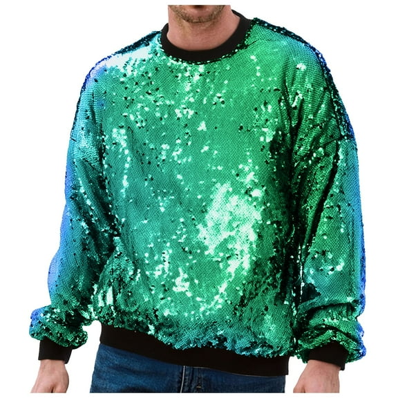 LIUJUNSHOP Mens Pullover Sweatshirt Men Carnival Sequin Flip Over Round Neck Casual Loose