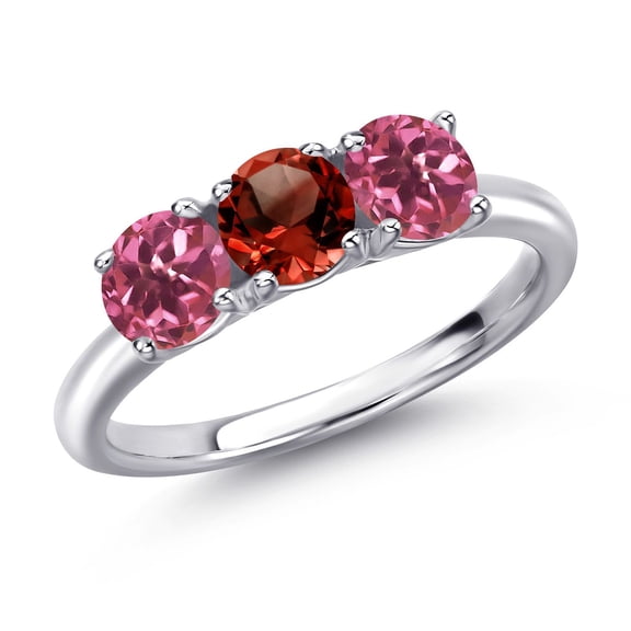 Gem Stone King 925 Sterling Silver Red Garnet and Pink Tourmaline Engagement Ring for Women | 1.59 Cttw | Round 5MM | Gemstone January Birthstone | Size 6