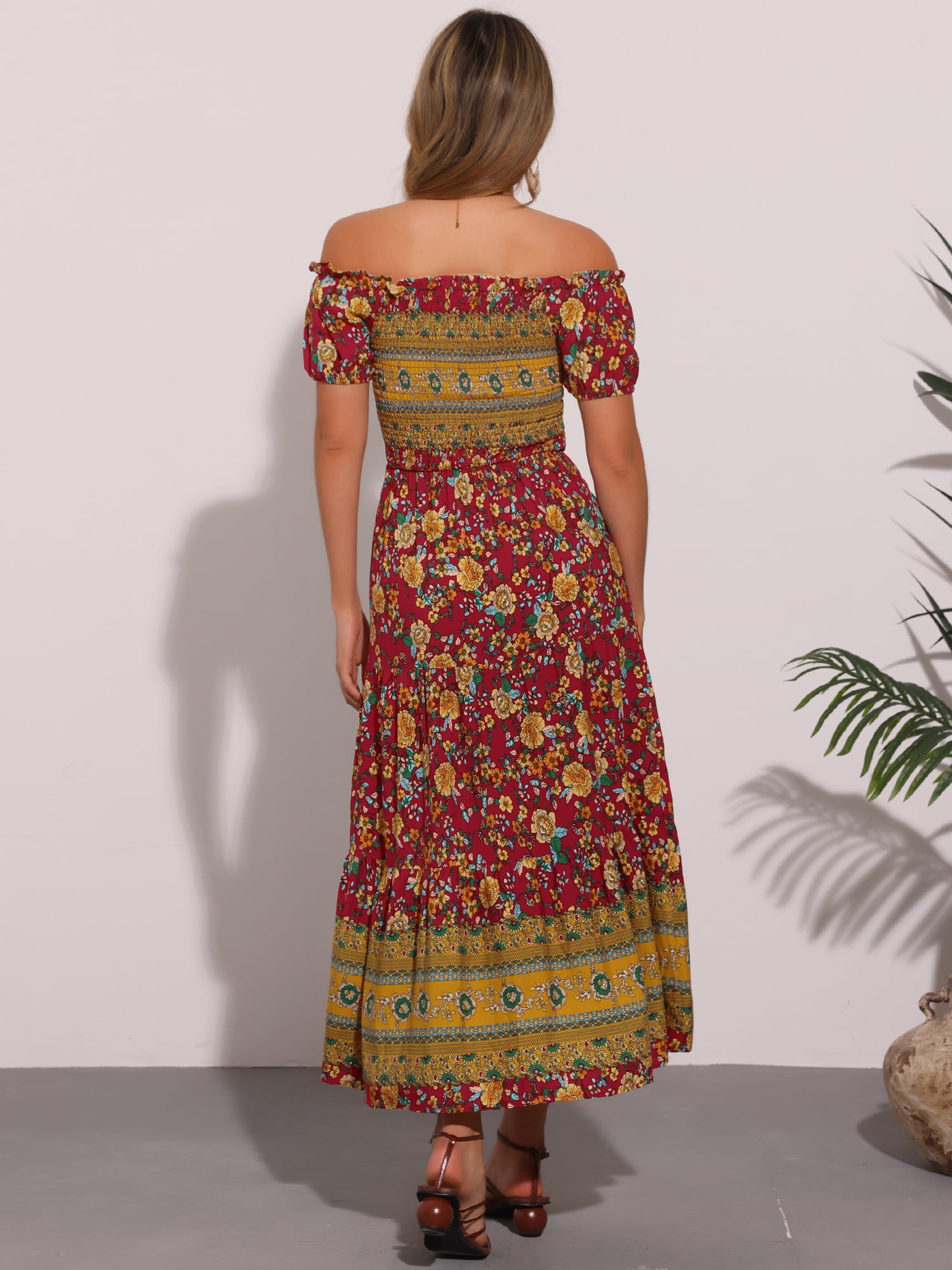 DARING DIVA Boho Floral Dress Midi Smocked Dress M Red