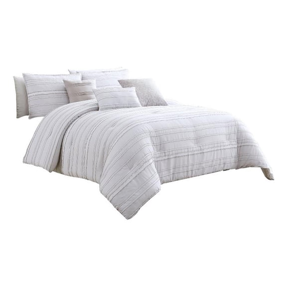 Benjara 6 Piece King Cotton Comforter Set with Frayed Edges- White and Gray