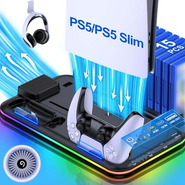 PS5 Cooling Station for PS5/PS5 Slim with PS5 Controller Charger & 15 Disc Slots, PS5 Stand for PS5 Accessories, Black