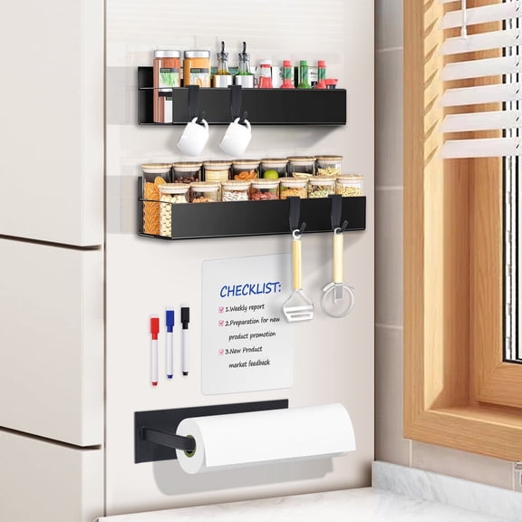 SunHearth 4 Pack Magnetic Spice Rack for Refrigerator,Metal Magnetic Shelf Black with Paper Towel Holder,Whiteboard,3 Markers,4 Hooks,Space Saving for Home,Kitchen