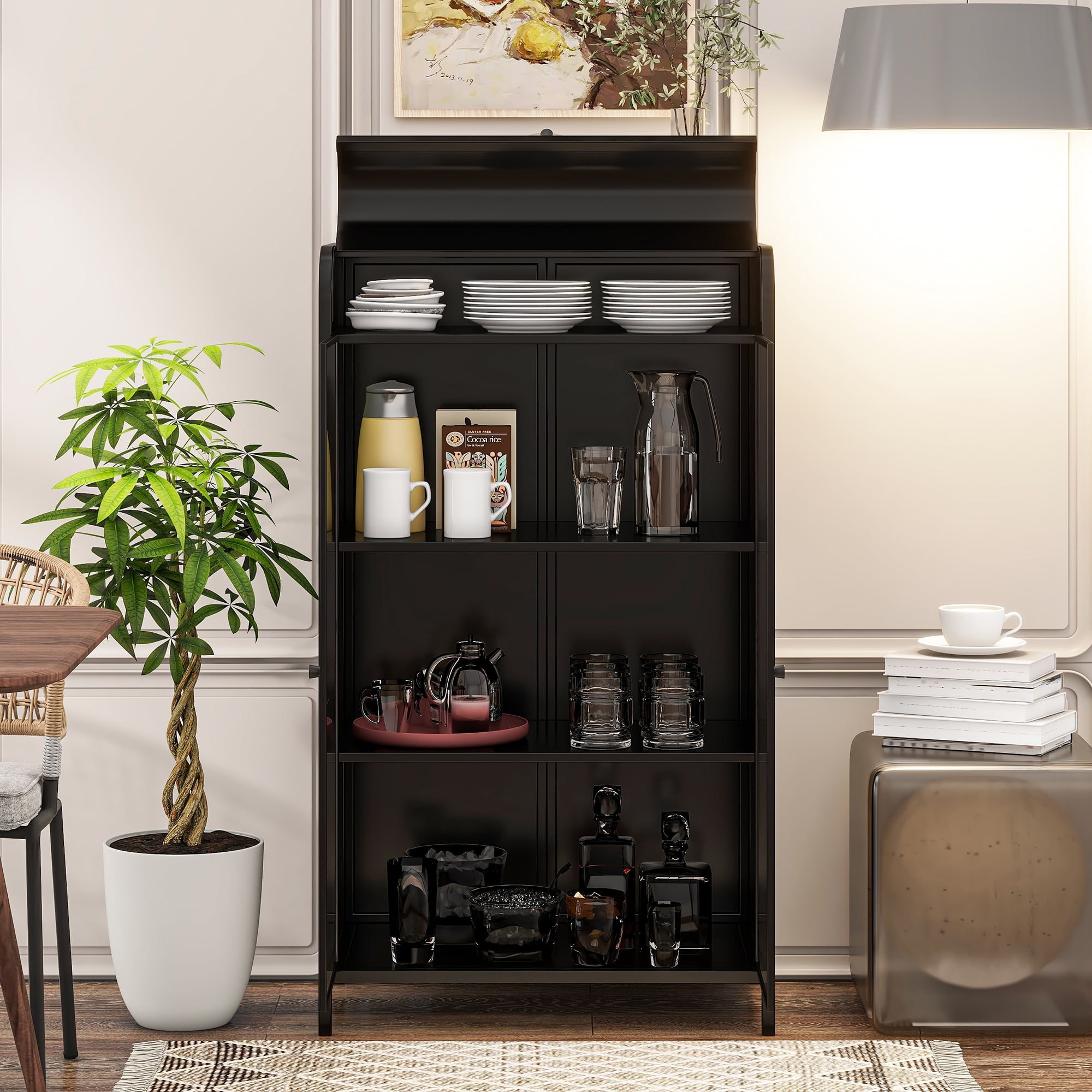 Metal Storage Cabinet, Tempered Glass Doors, Fixed Shelves, Flip-Top Lid, Industrial Design