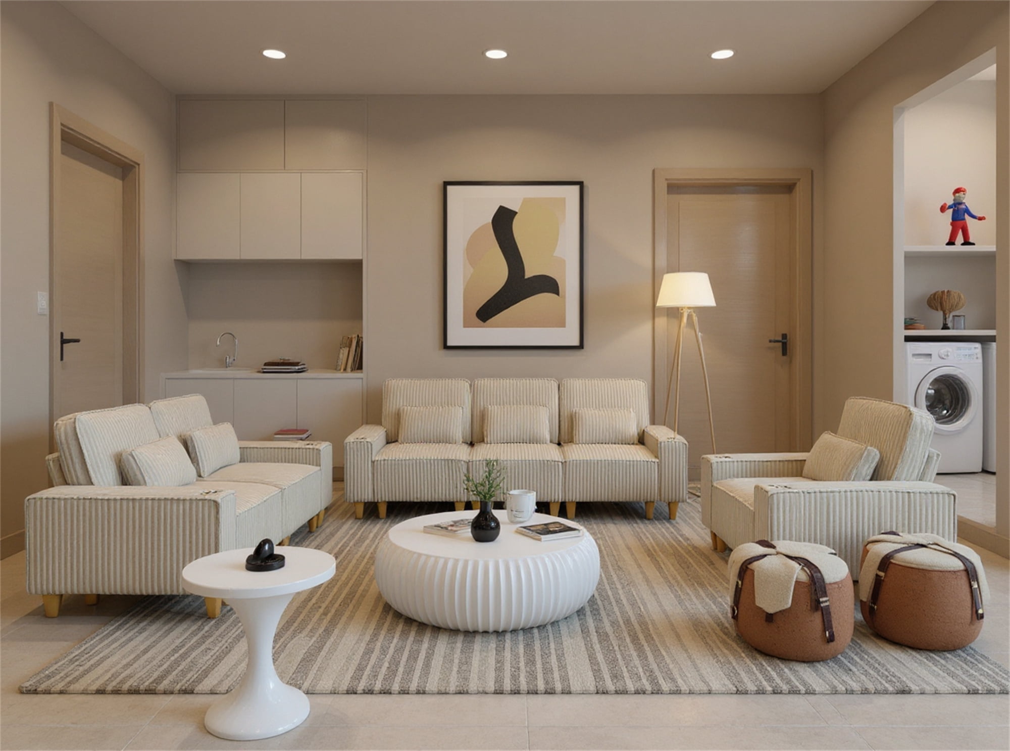 Aukfa 3 Piece Sofa Set - 43.5" Oversized Armchair Couch w/ Cup Holders&Pillows, Solid Wood Legs, Beige