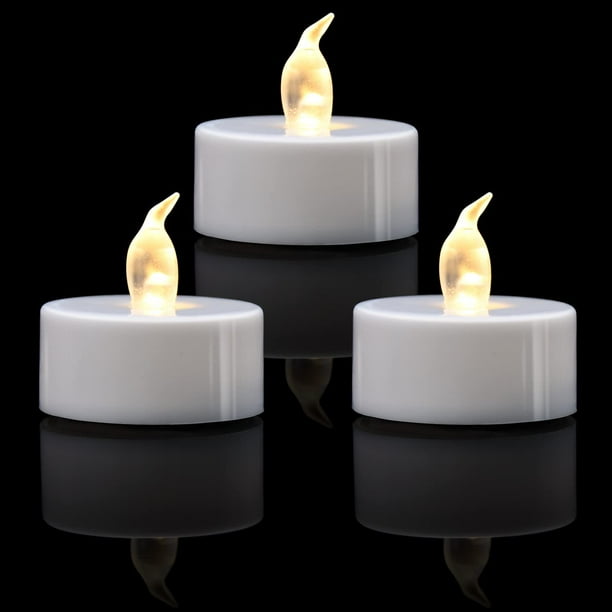 KOABY Luces de té LED, paquete de 12/24/50/100/200/400 luces de té parpadeantes sin llama, blanco cálido/amarillo cálido, duran más de 200 horas, luces de té con pilas para decoración (paquete de 12,