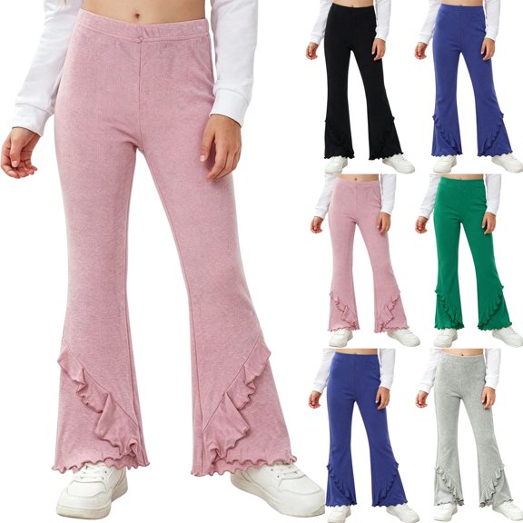 Bixock Toddler Girls Leggings High Waist Flare Pants Kids Trousers Elastic Waist Ruffle Solid Color Side Pocket Loose Stretch Fall Casual Daily Wear Size 11-12Years