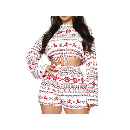 

Yejaeka Christmas Printed Long Sleeve Short Shirt Shorts Pajama Set