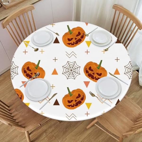 wonima02 Round Fitted Tablecloth with Elastic Edge Halloween Pattern Texture Background Waterproof Wipeable Table Cover for Kitchen Dining Holiday, Fit for Diameter 38.2"-42.1" Round Table, Style56