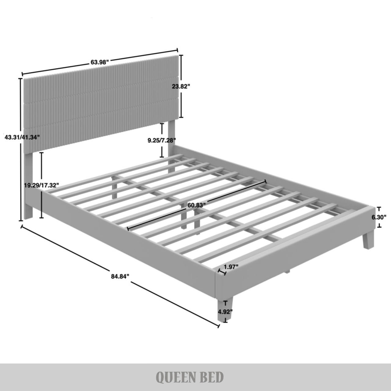 Castle Place Contemporary Corduroy Pleated Velvet Upholstered Queen Platform Bed, Light Blue
