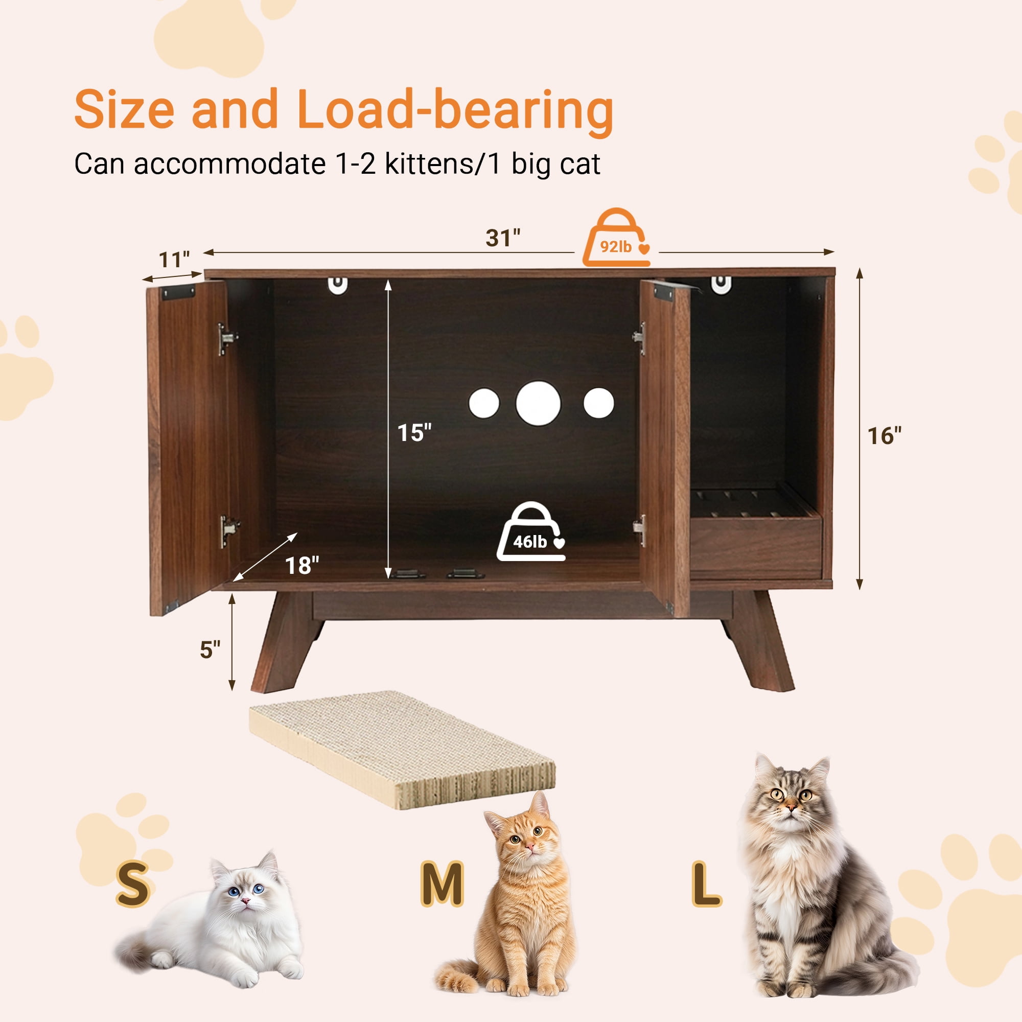 Innovar Modern Cat Litter Box Enclosure - 31.5" Hidden Cat Litter Box Furniture for 2 Cats, Indoors Cats Washroom Cabinet with Divider & Scratching Pad for Most Cat Litter Box,Walnut