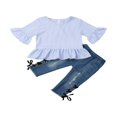 thumbnail image 1 of Baby Girls 2pcs Outfits Clothes Set Short Sleeve T-Shirt Ruffle Tops Denim Jeans Long Pants, 1 of 5