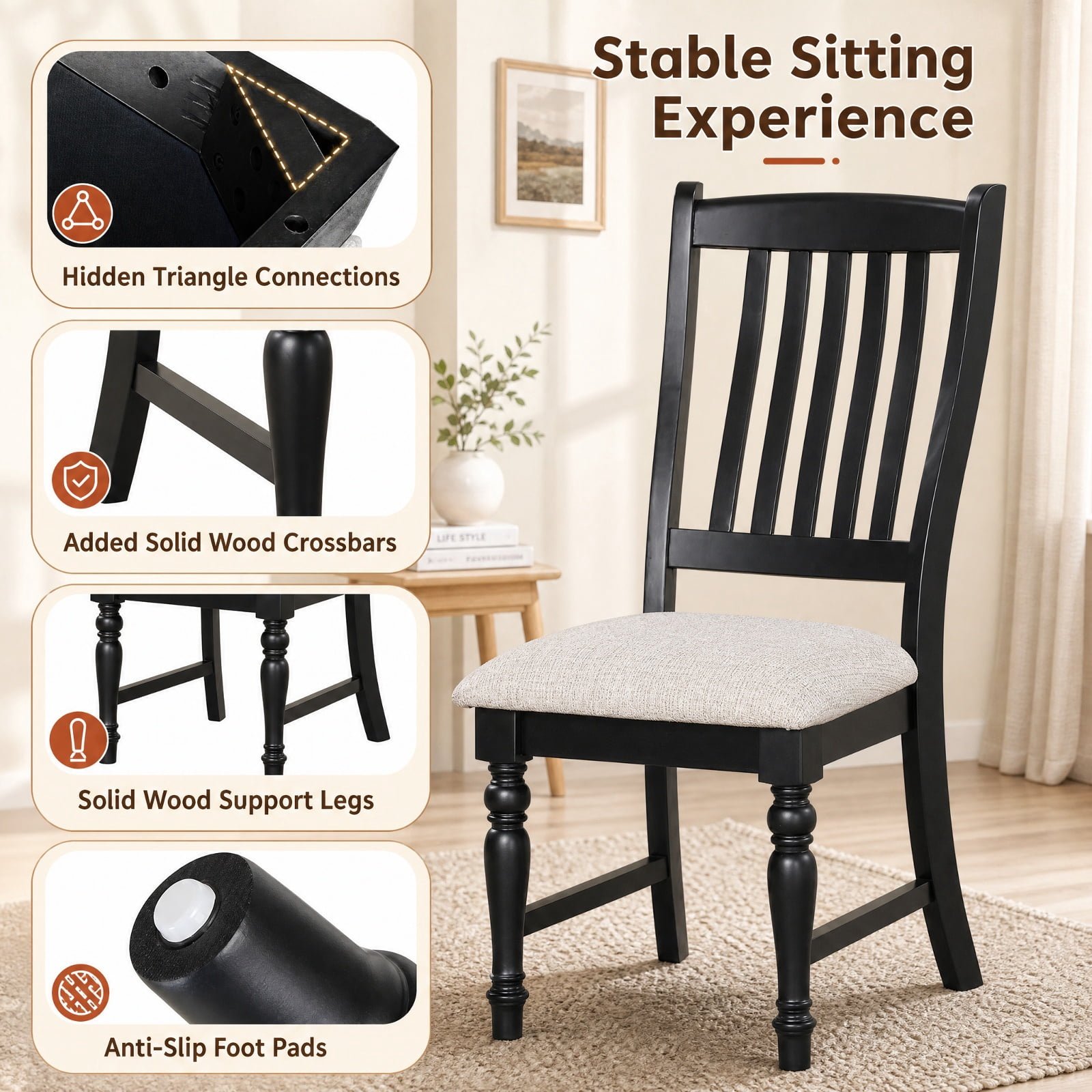 Furnibear Dining Chairs Set of 2 Upholstered Kitchen Side Chairs with Solid Wood Legs and Padded Seat for Dining Room, Black