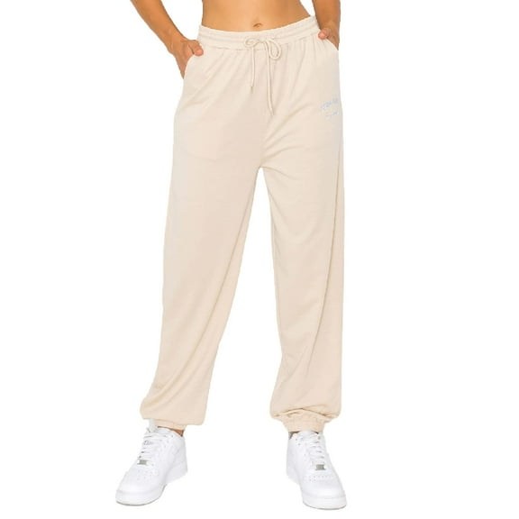 Cali1850 Women's Embroidery Jogger Sweatpants Baby French Terry Drawstring Elastic Waistband Casual Soft Comfy Pants with Pockets