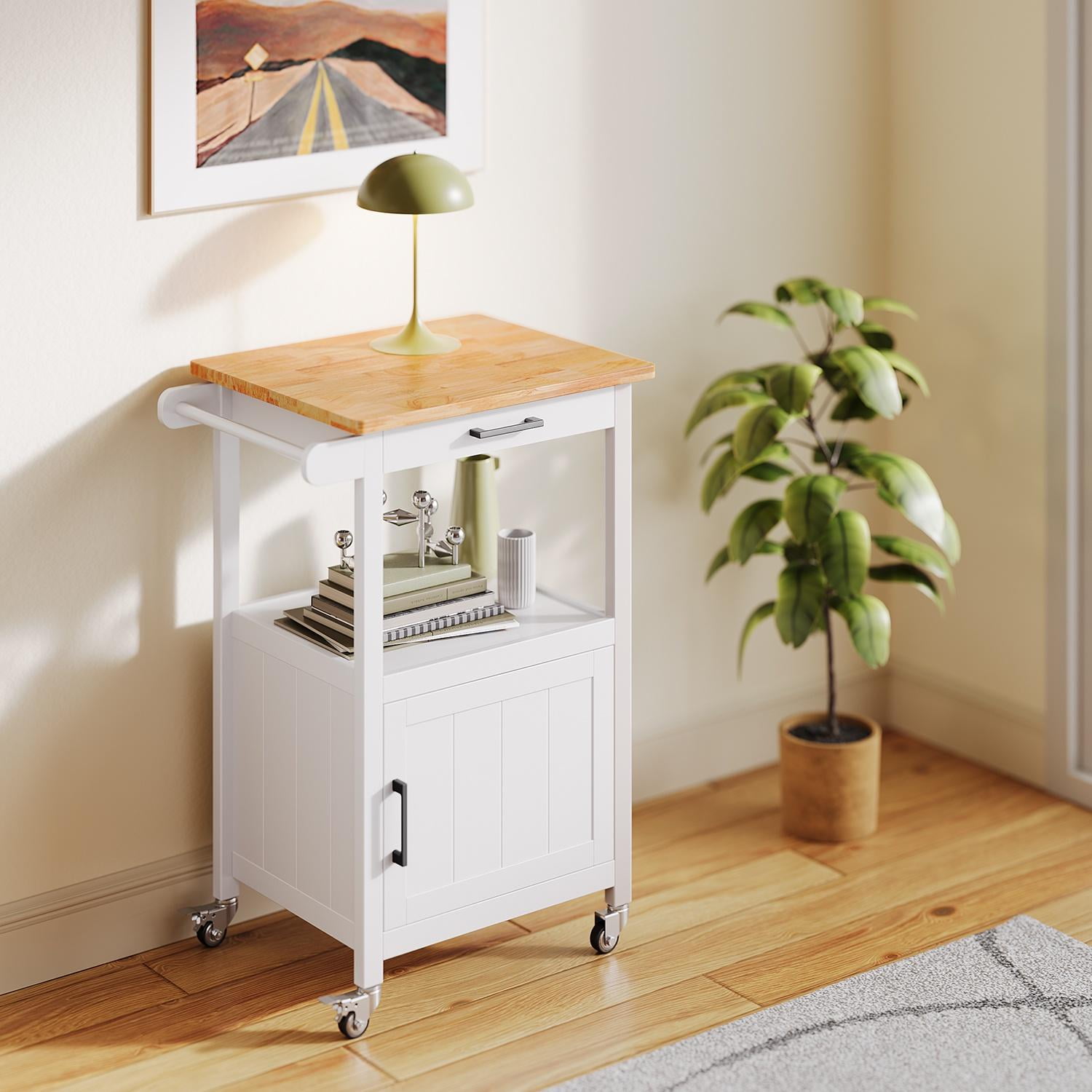 Asofer Rolling Kitchen Island Cart with Storage and Drawer, Small Coffee Cart, Microwave Stand on Wheels, White