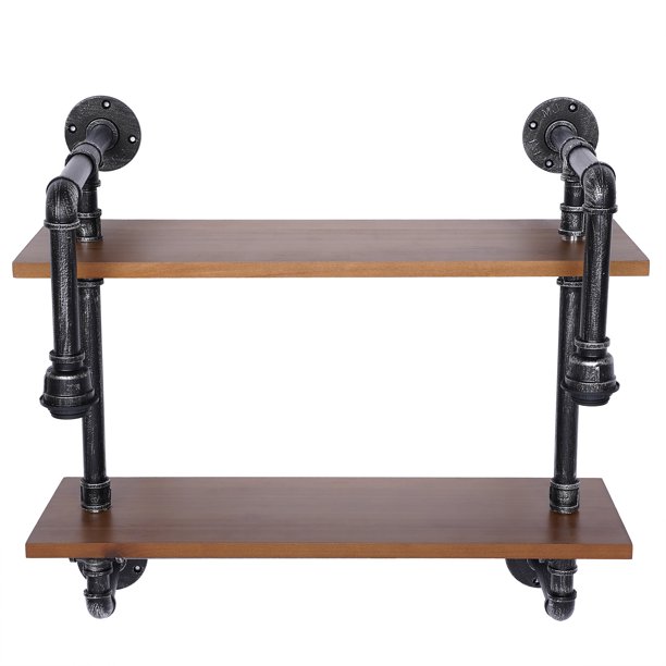 Oukaning 2Tier Industrial Iron Pipe Shelves Brackets Wall Mounted Floating Wood Shelves with