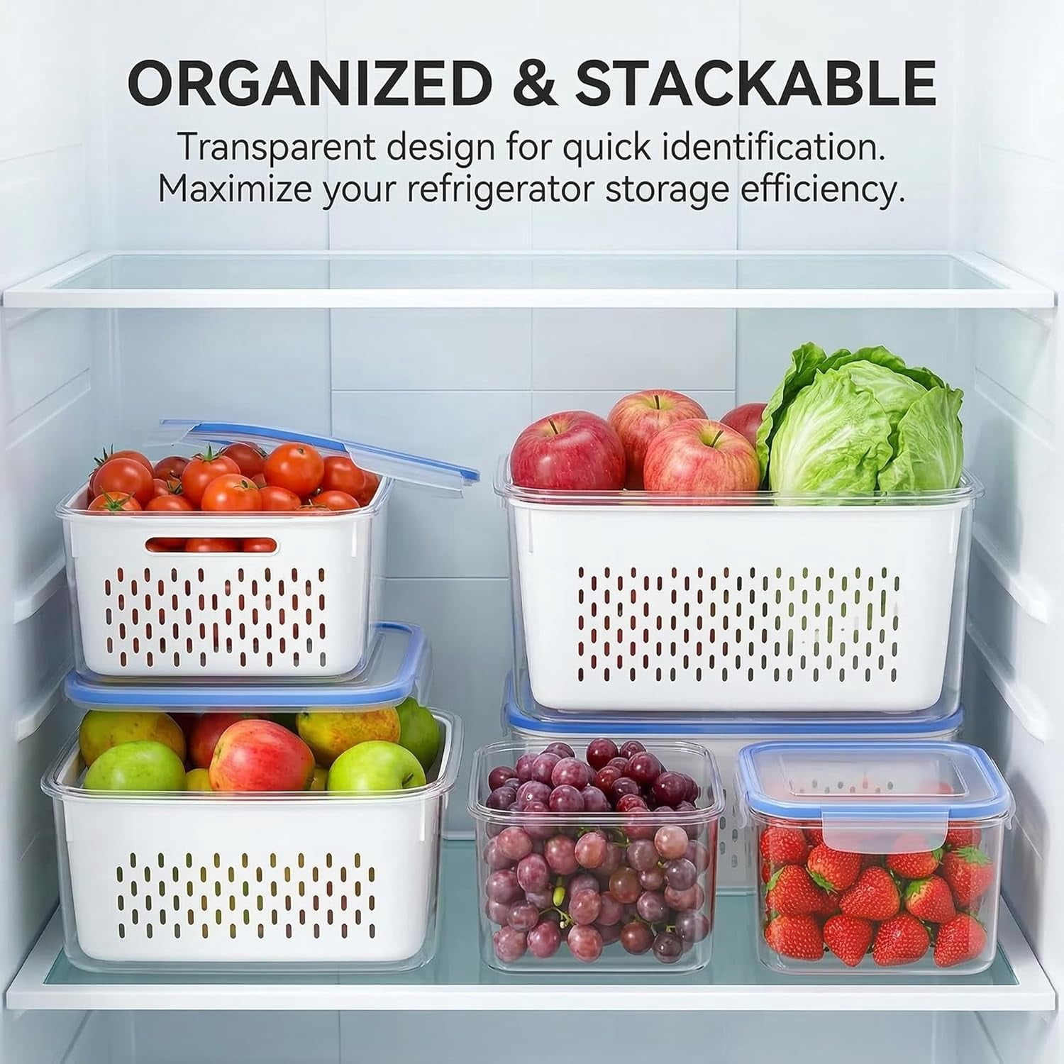 4 in 1 Food Storage Container for Fridge, Produce Keeper with Lid and Removable Strainer, Multipurpose Large Fruit & Vegetable Storage with Drain Basket (Blue)