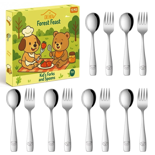 Juego de utensilios para comer Dehov para niños pequeños, 12 piezas, acero inoxidable apto para uso