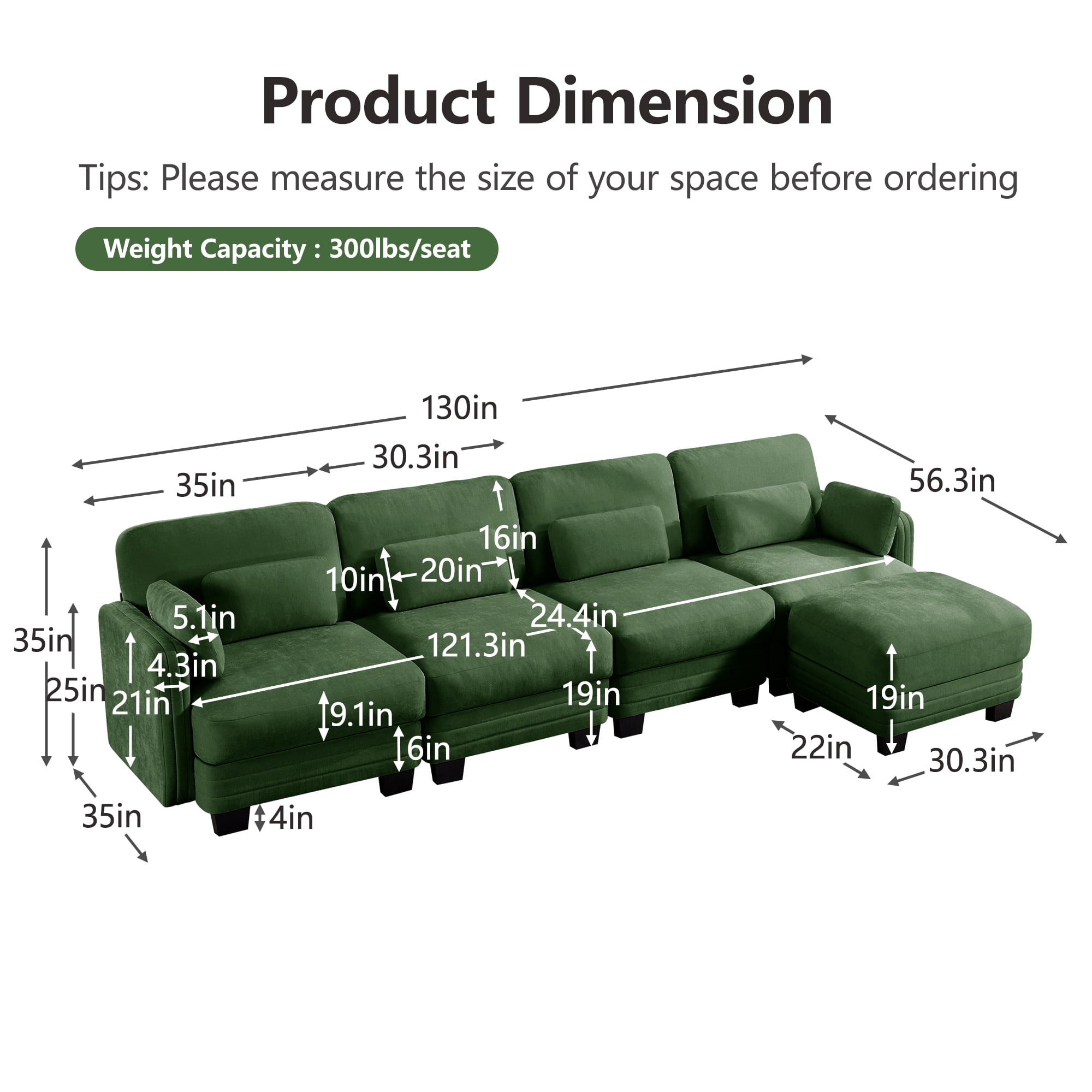 130" L Shape Modern Modular Sectional 4 Seater Sofa Couch with Movable Ottoman and 6 Pillows