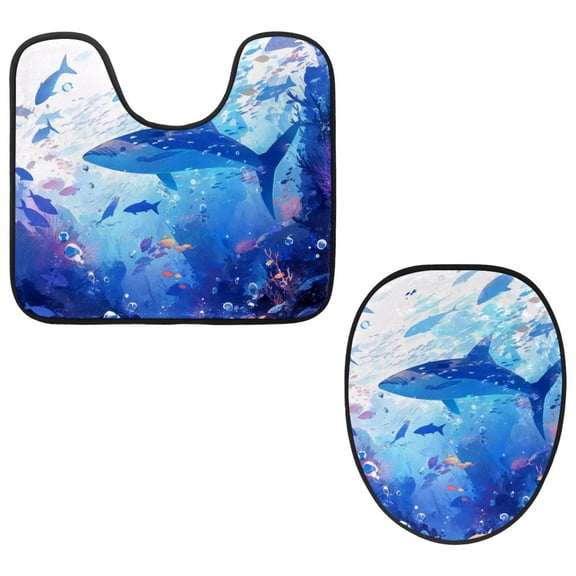 PhooArto Toilet Lid Cover and U-Shaped Toilet Floor Mat Set of 2 Pieces, Underwater World Dolphins Toilet Mat Set, Machine Washable Seat Covers Non-Slip Absorbent Rugs