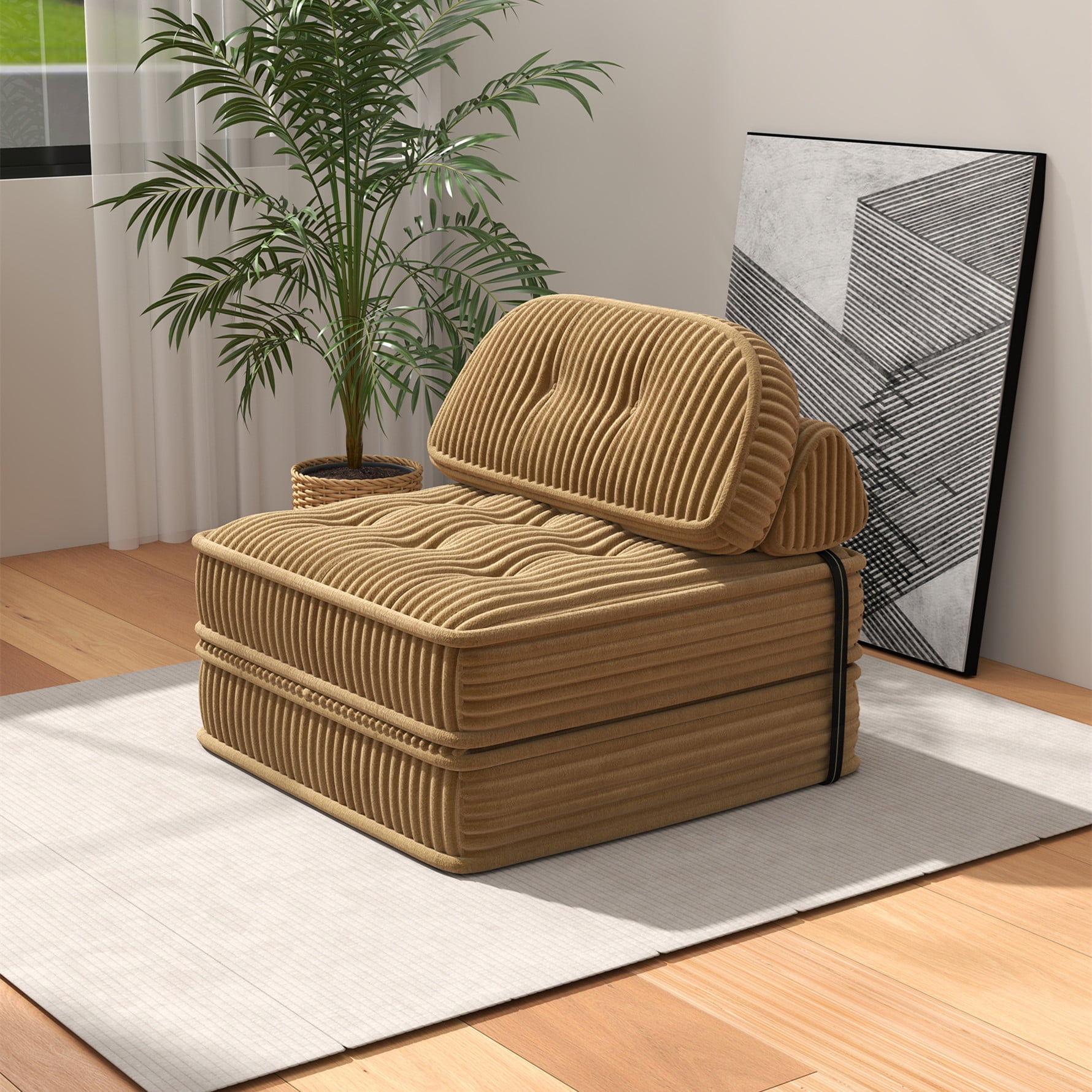 Aukfa Tufted Futon Convertible Folding Sofa Bed with Back Support, Twin Size, Corduroy, Brown