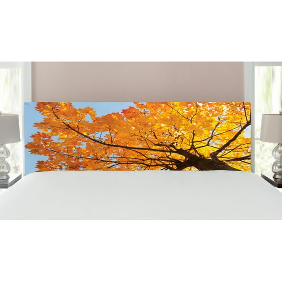 Leaves Headboard, Autumn Maple Tree from Bottom to Top View Environment Flora Season November Print, Upholstered Decorative Metal Bed Headboard with Memory Foam, King Size, Orange Blue, by Ambesonne
