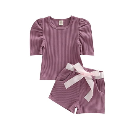 

Kiapeise 2pcs Baby Girls Summer Tracksuit Sets Short Sleeve Tops Shorts Casual Pleated Knitted Clothing
