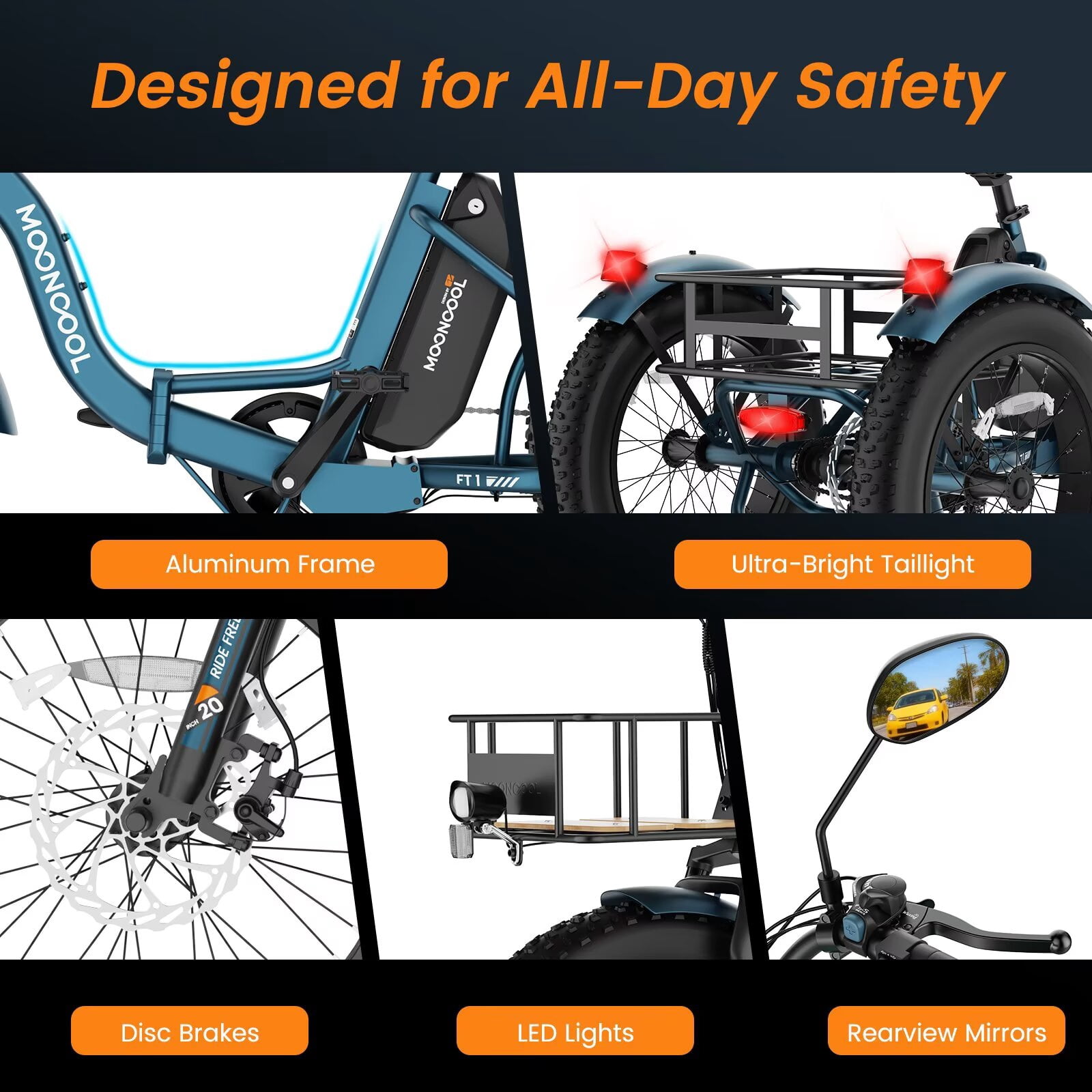 MOONCOOL Folding Electric Tricycle for Adults, 20" x 4" Fat Tire Electric Trike, 48V Peak 1092W  Electric Bicycle, 3 Wheels 7 Speed Ebike w/ 14.5Ah Removable Battery& Speed Differential Mechanism