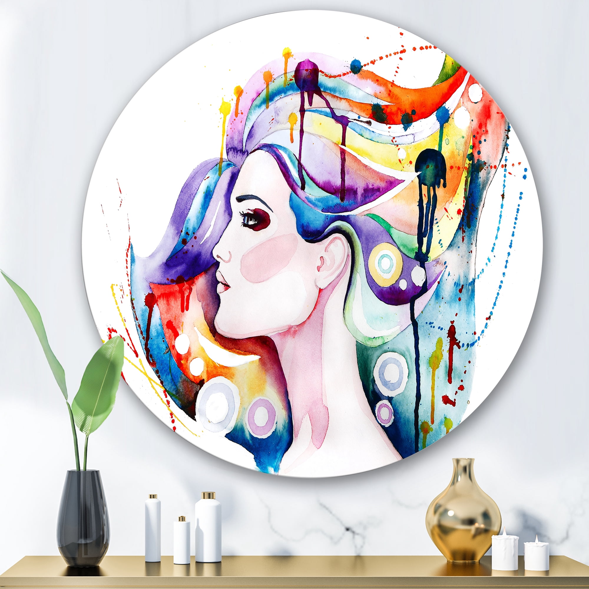 Designart 'Beautiful Young Woman With Colorful Hair' Traditional Circle Metal Wall Art 36x36 - Disc of 36