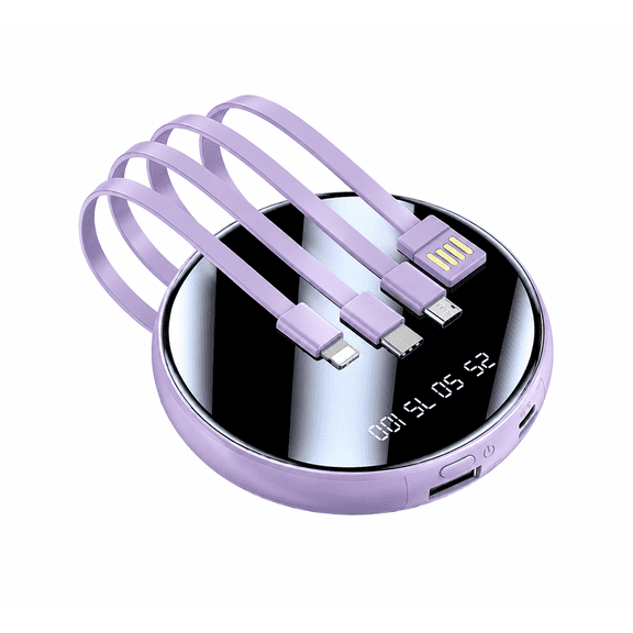 Round Portable Charger 10000mAh, 20W Power Bank with Built-in 4 Cables,LED Digital Display,Purple