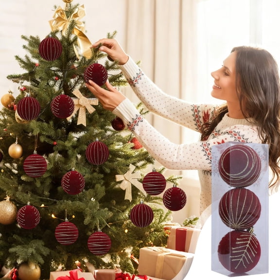 3pc Burgundy Velvet Christmas Ornaments Balls Flocked Christmas Tree Decoration,Velvet Christmas Ball Ornaments,Luxury Christmas Decorations Hanging Ornaments for Xmas Tree,Party,Wedding,Home Decor