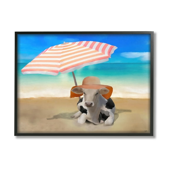 Stupell Lounging Cow Summer Beach Shore Animals & Insects Painting Black Framed Art Print Wall Art