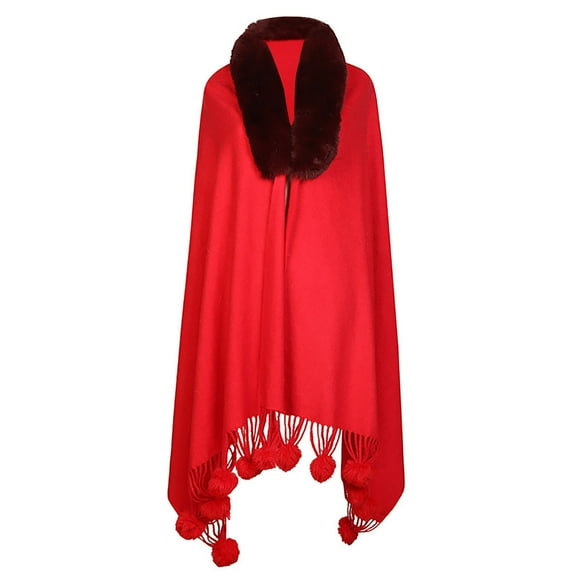 QQAMB Women's Faux Fur Trim Shawl Cape Knitted Shawl Coat, Cute Pompom Soft Shawls and Wraps for Weddings Evening Dresses