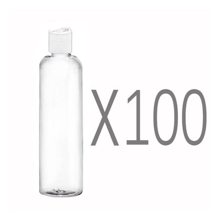MoYo Natural Labs 4 oz Travel Bottles, Empty Travel Containers with Disc Caps, BPA Free PET Plastic Squeezable Toiletry/Cosmetic Bottle (Neck 20-410) (Pack of 100, Clear)