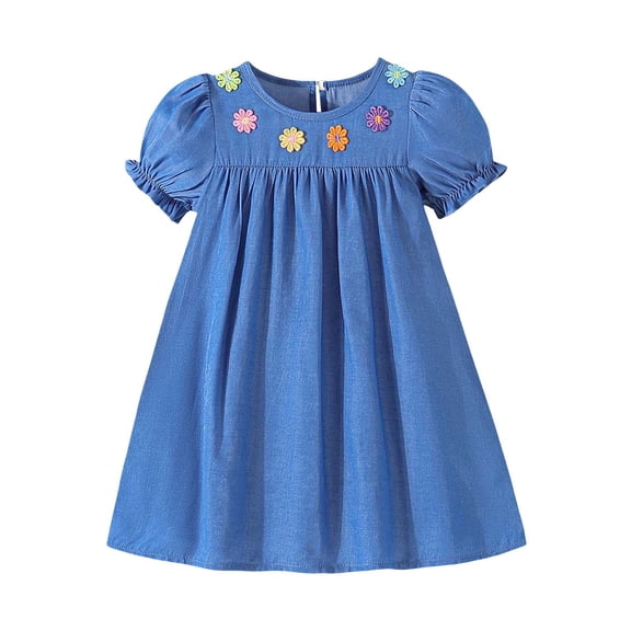 WOYY Girls 3D Flower A Line Dress Casual Ruffle Puff Sleeve Midi Play Dress,Blue,Sizes 2-8