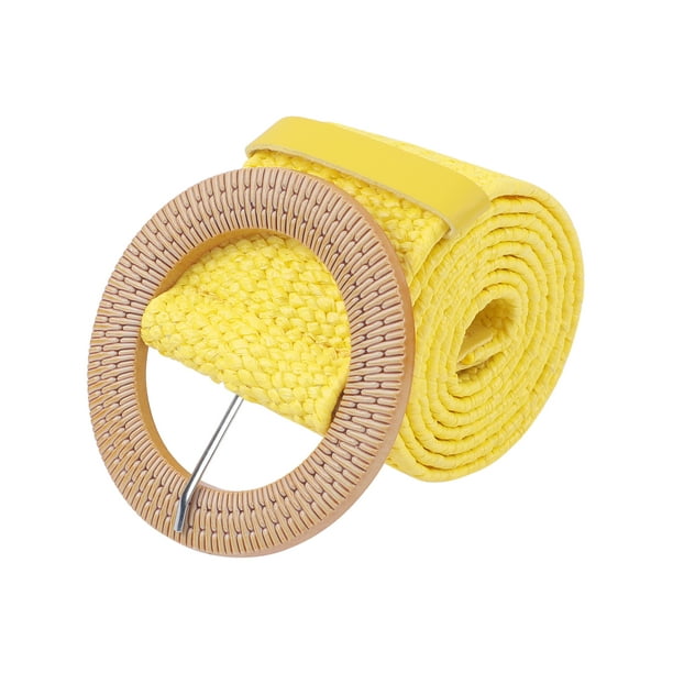 Cinturón trenzado de paja de plástico estilo algodón y lino para mujeres INSPIRE CHIC con hebilla circular para vestidos 96x5cm/37.8x2.0" Amarillo