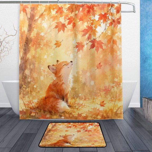 TTYFWHD 60" x 72" Shower Curtain and Bath Mat Set Autumn Fox Maple Pattern Waterproof Bathroom Curtain with 12 Hooks, Bathroom Decor Set