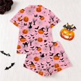 thumbnail image 4 of CUZIBR Girls Outfits Sets Halloween Pumpkin Bat Cat Print Lapel Button Short Sleeve Pajama Top Matching Shorts Two Piece Kids Sleepwear Set,Pink,7-8 Years, 4 of 9