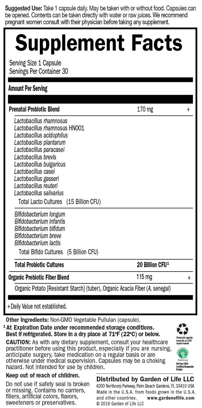 Garden of Life Dr. Formulated Probiotics Once Daily Prenatal - Acidophilus & Bifidobacteria Probiotic Support for Mom & Baby - Gluten, Dairy & Soy Free - 30 Count Vegetarian Capsules