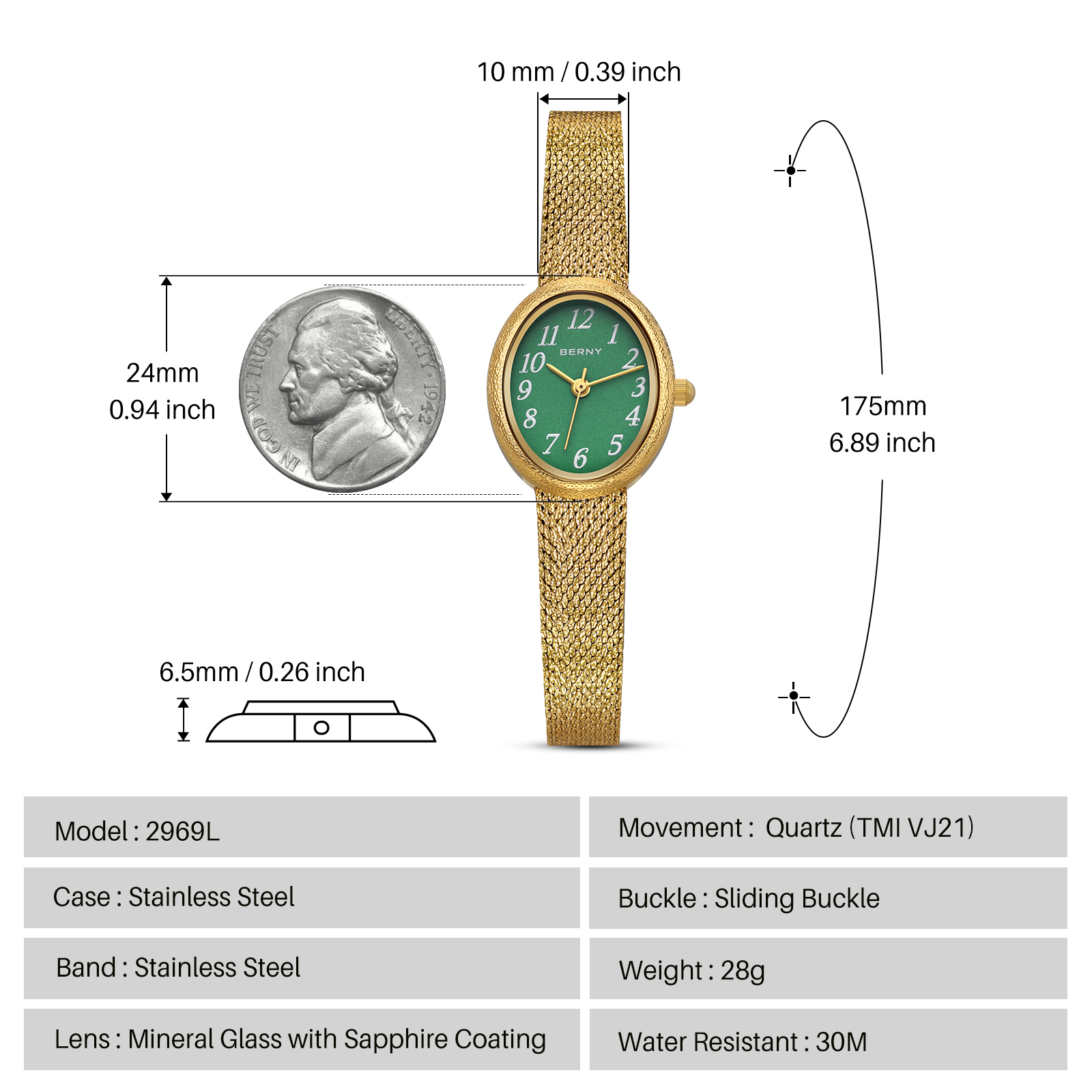BERNY Small Gold Watches for Women, Dainty Easy to Read Oval Dial, Vintage Stainless Steel Bracelet Watch, Adjustable Mesh Band, Waterproof, Luxury Ladies Analog Quartz Wrist Watch Gifts (Green)