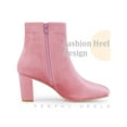 thumbnail image 3 of BLISSFUL STEP Women's Ankle Boots Round Toe Chunky Heels Side Zip Velvet Booties Pink 7, 3 of 6