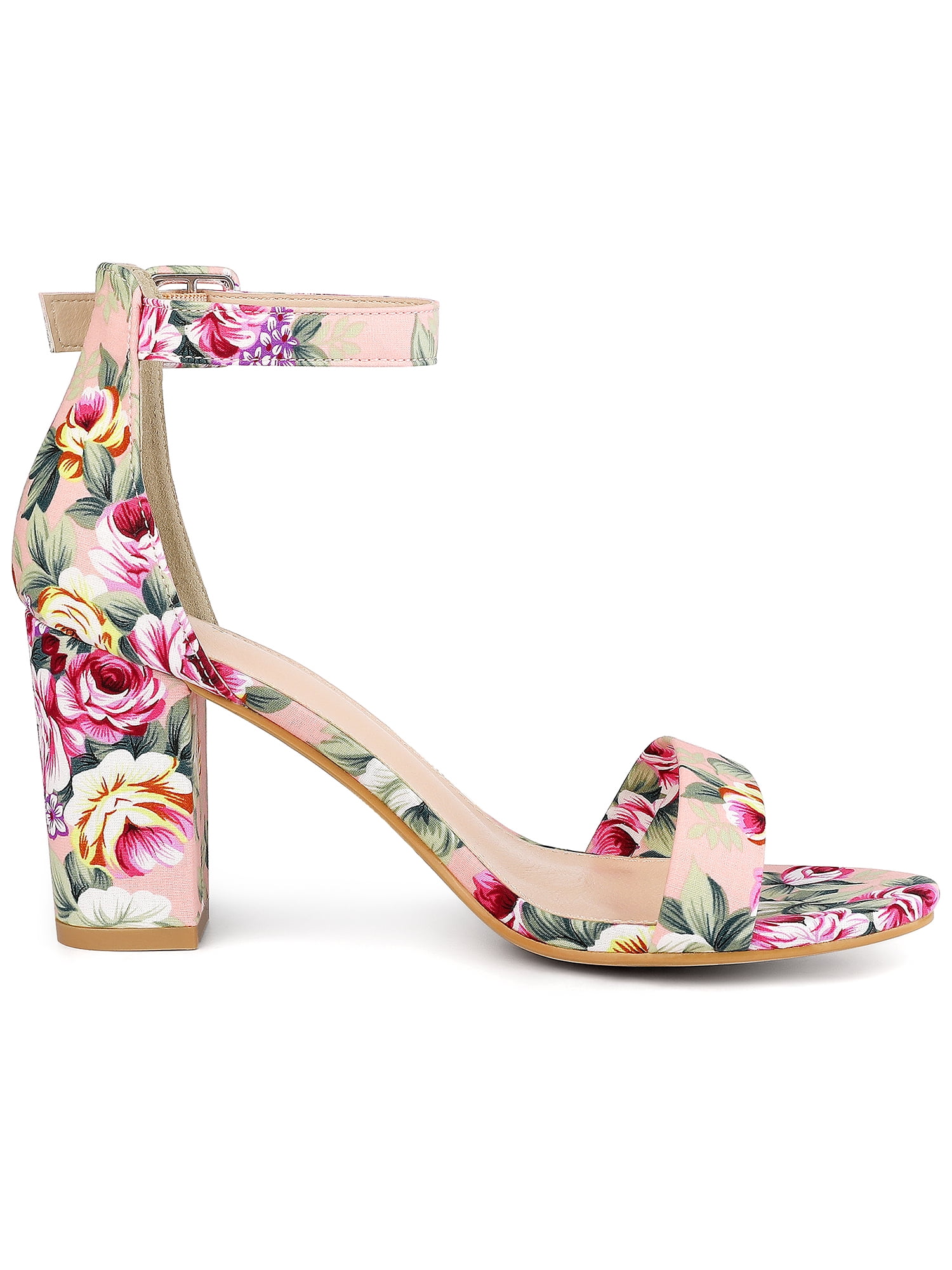 DARING DIVA Women's Floral Print Open Toe Block High Heels Red Sandals 7 Pink Flowers