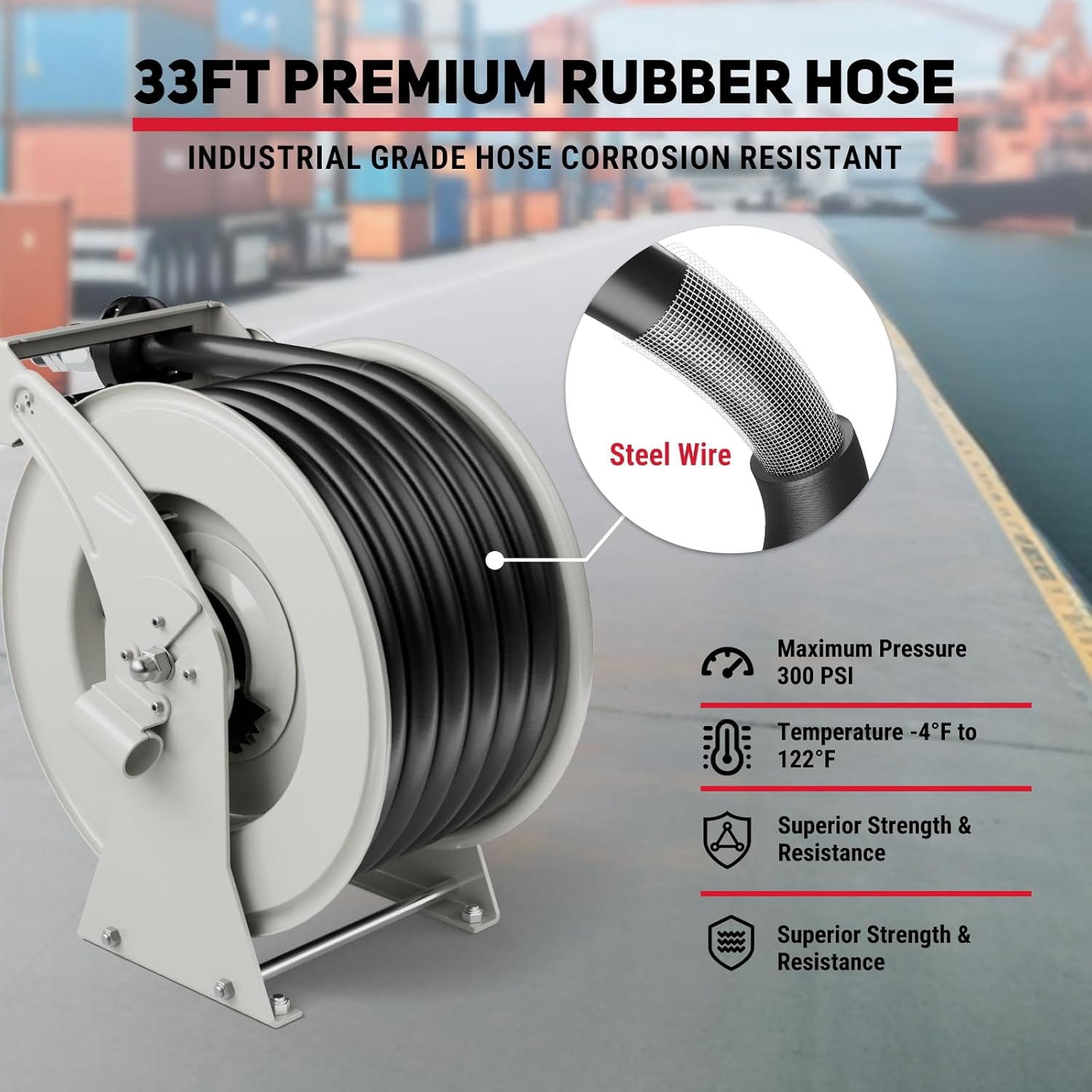 Fuel Hose Reel 1" x 33' Retractable with Fueling Nozzle Diesel Hose Reel 300 PSI Industrial Auto Swivel Heavy Duty Steel Construction for Farm Ship Vehicle Tank, Silver