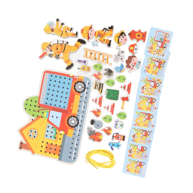Wooden Threading Toy Game, Wooden Lacing Figures Fire Scene Safe for Kids