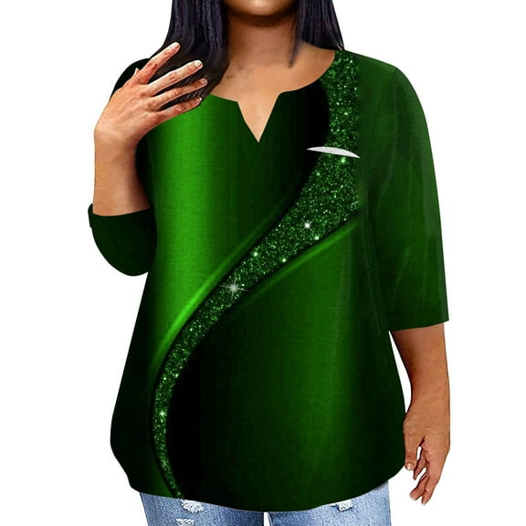 TQWQT Plus Size Dressy Tops for Women 2024 3/4 Length Sleeve Shirts Tie Dye Gradient Tunic V Neck Sweatshirts for Women Loose Fit with Front Pocket Army Green L