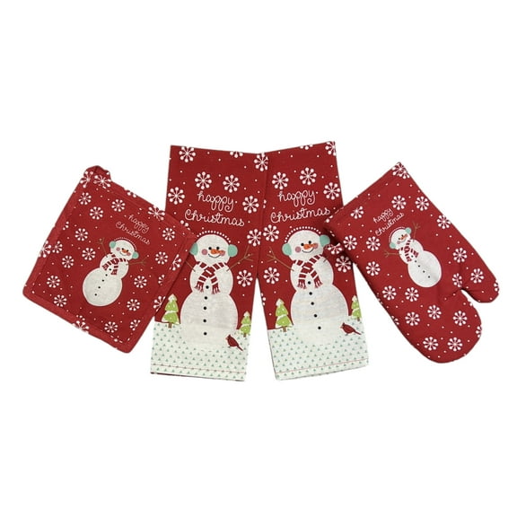 Serafina Home Holiday Christmas Kitchen Potholders and Bath Dish Hand Towels Set: Happy Christmas Snowman 4 Pc Design, Red White, 100% Cotton for Baking Cooking Hands, Dishes or Home Decor