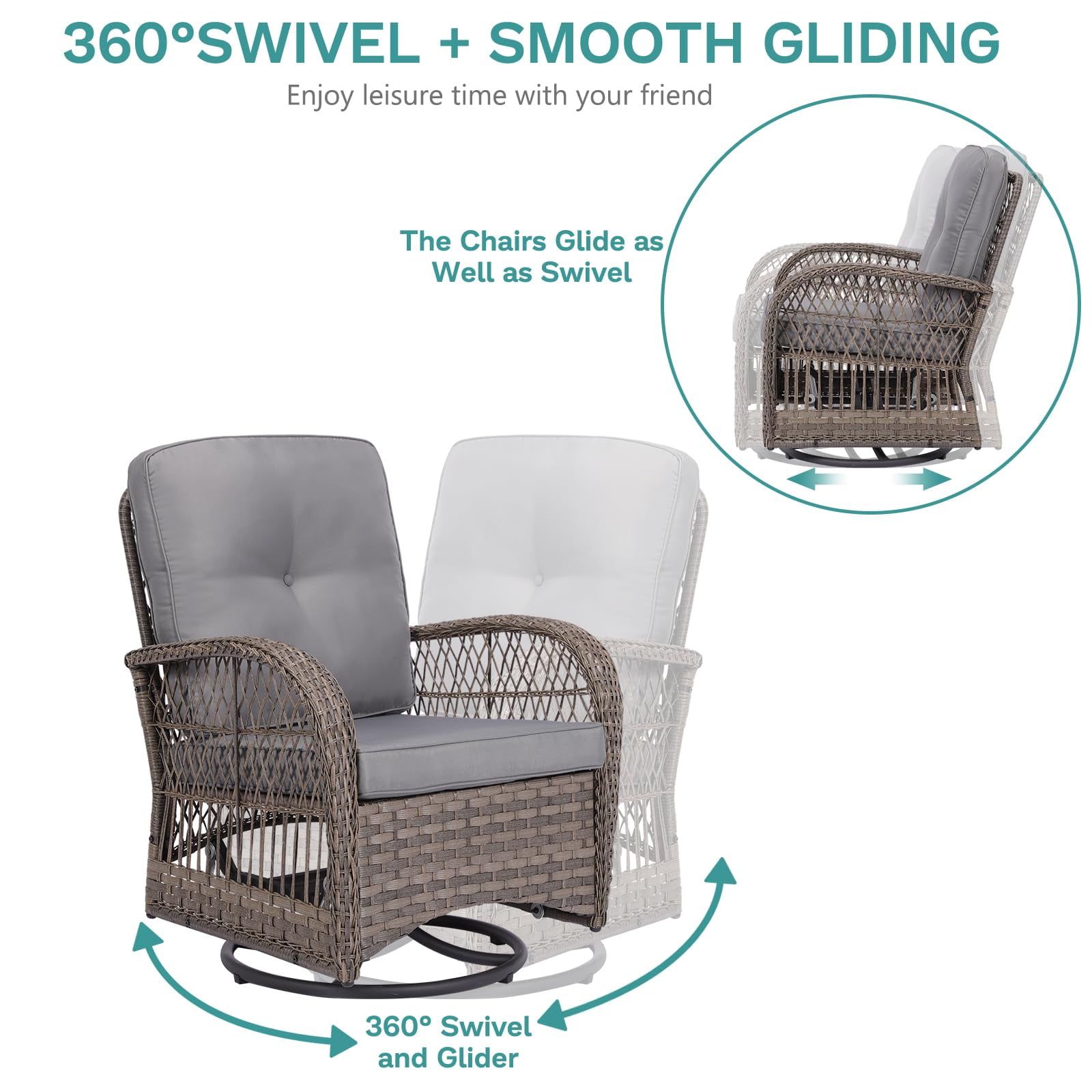 MEETWARM 7 Pieces Outdoor Patio Rattan Furniture Sets, All Weather Patio Wicker Conversation Set- 2 Rocking Chairs, 2 Swivel Chairs, 1 Loveseat Glider w/Cushions, 2 Glass-Top Coffee Table, Gray